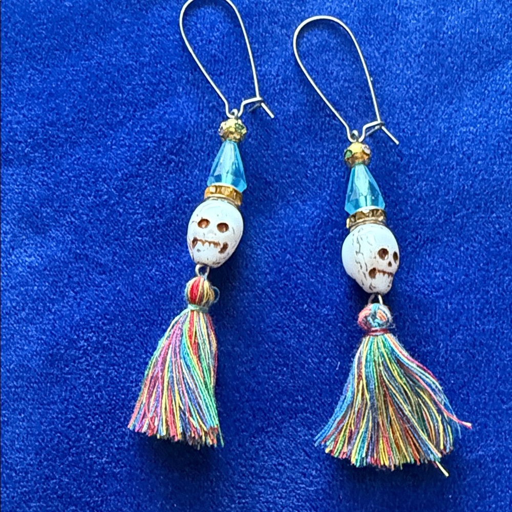 Handmade Carnivalle Day of the Dead Multicolor Skull Tassel Earrings
